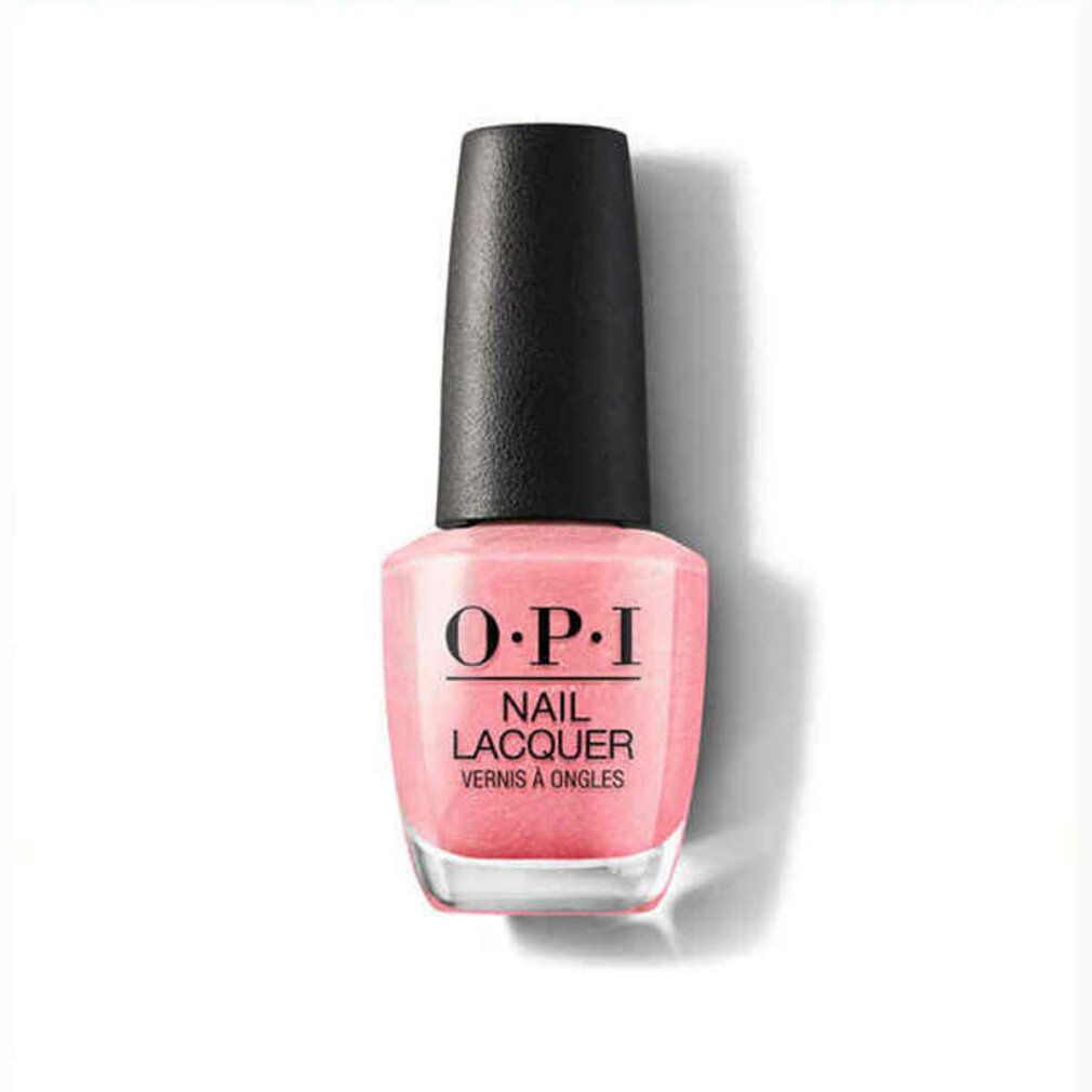 Nagellackflasche mit rosa Inhalt und schwarzem Deckel. O.P.I. Nail Lacquer Schriftzug.