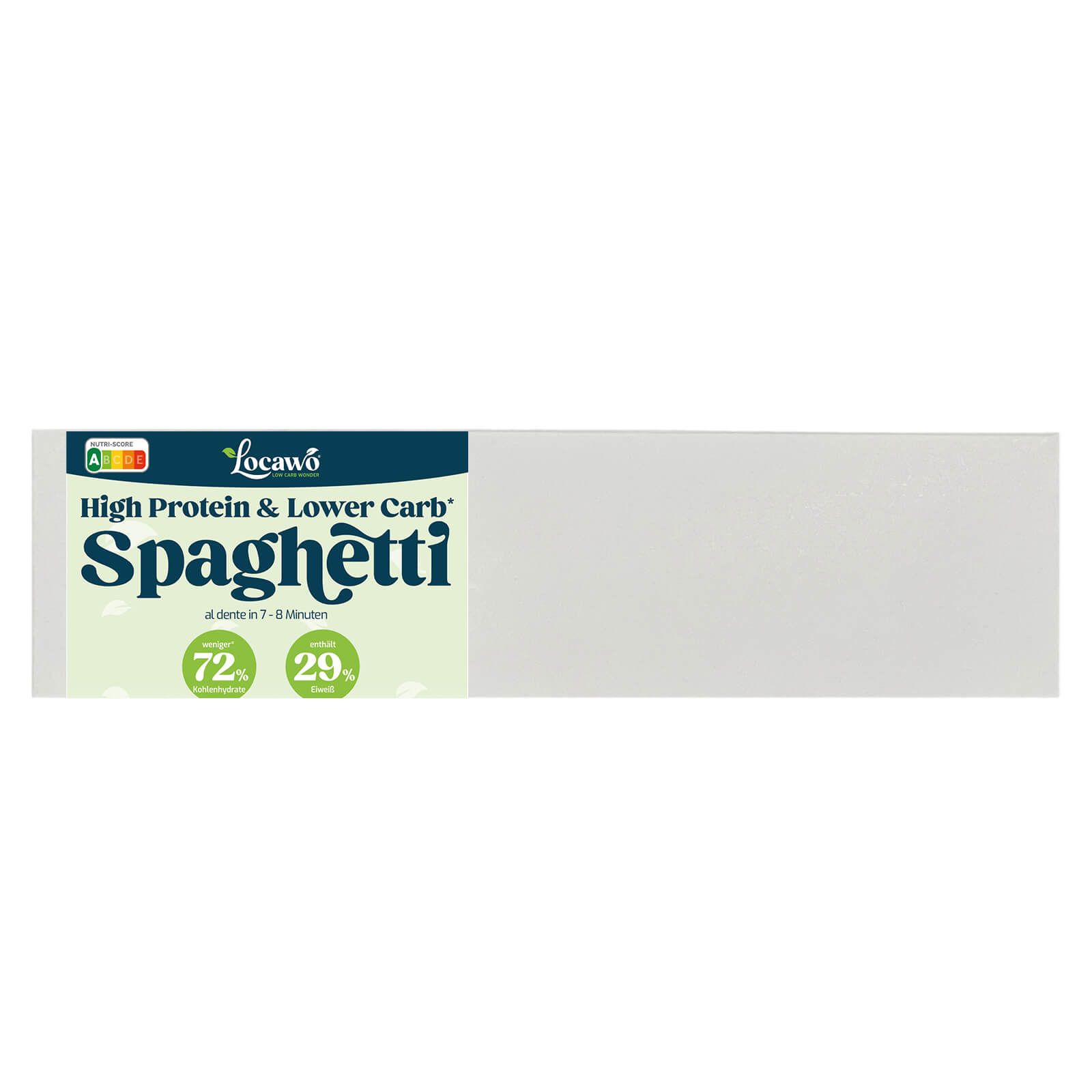 Verpackung mit Aufschrift "Locawo High Protein & Lower Carb Spaghetti". Enthält Nährwertangaben.