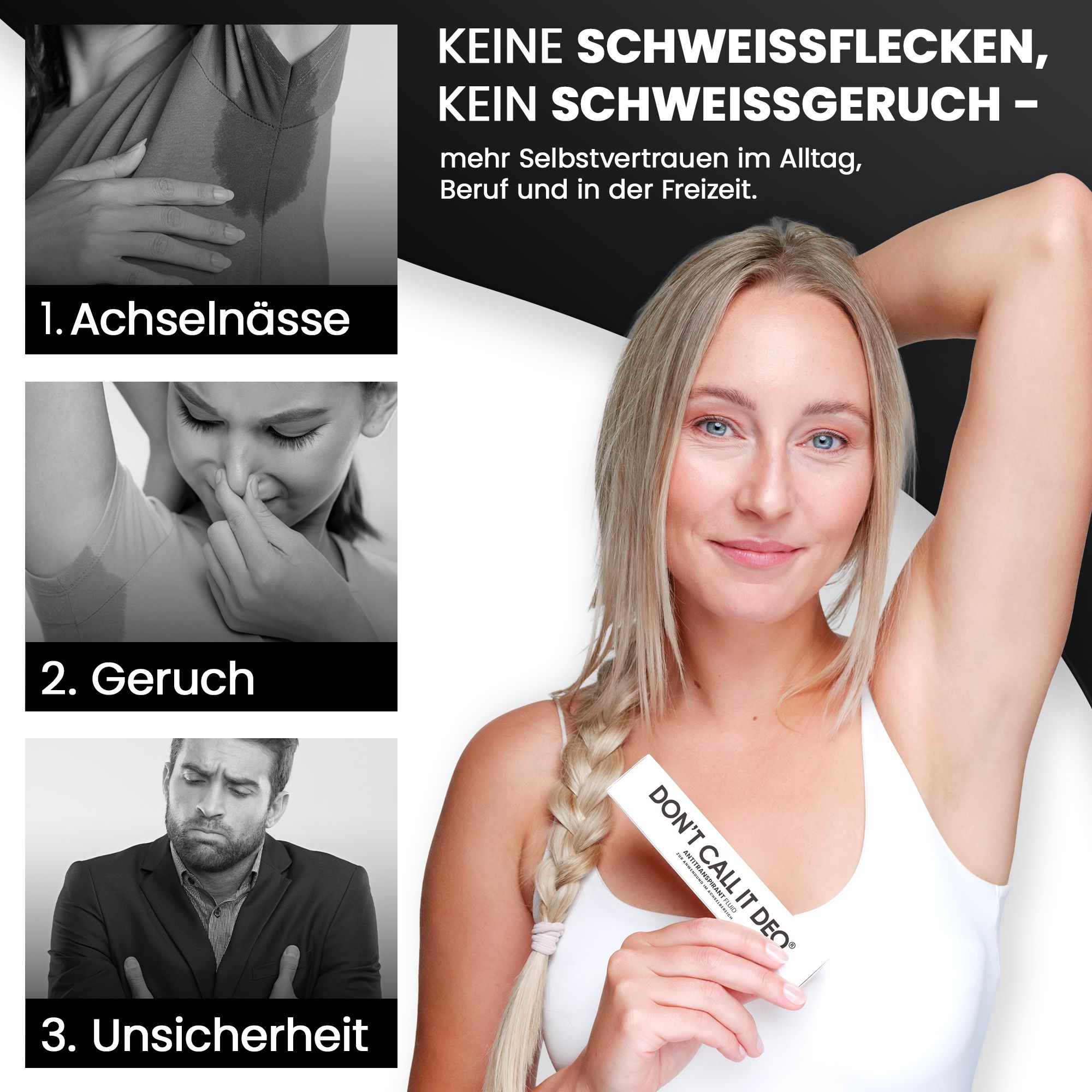 Frau mit Arm erhoben. Text: 'KEINE SCHWEISSFLECKEN, KEIN SCHWEISSGERUCH'. Bilder: Achselnässe, Geruch, Unsicherheit.