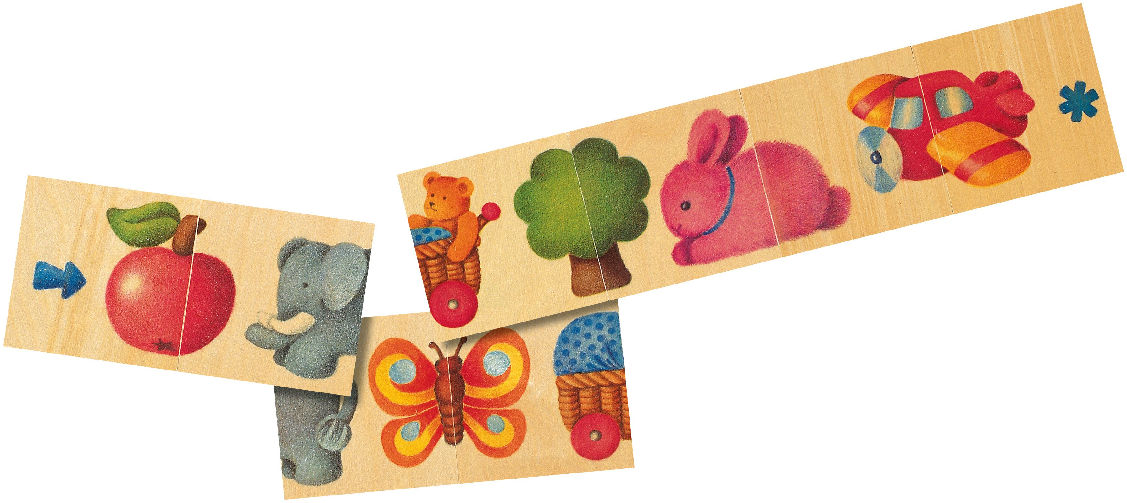 Puzzlespiel mit 8 Teilen. Holzpuzzleteile mit bunten Illustrationen von Apfel, Elefant, Teddybär, Baum, Hase, Auto und Schmetterling.