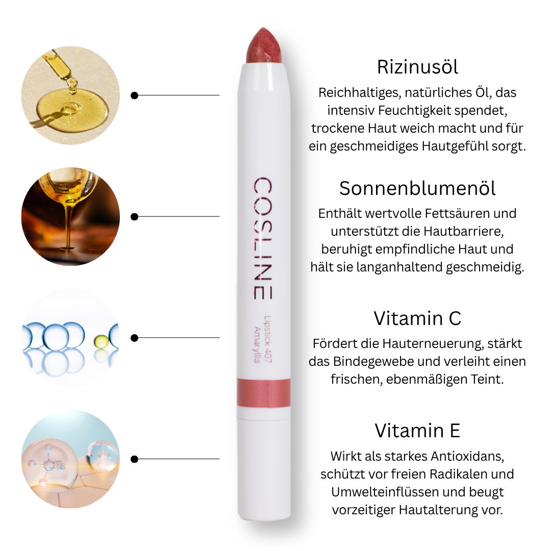 Weißer Lippenstiftstift mit roter Spitze. Text: Cosline, Lippenstift 407, angereichert mit Vitamin E, Rizinusöl, Sonnenblumenöl, Vitamin C.