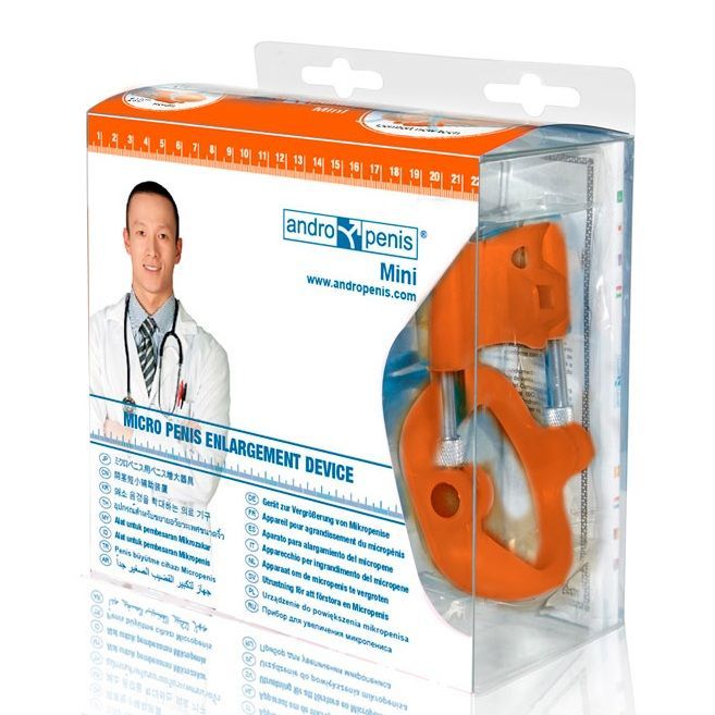Verpackung mit Produkt. Aufschrift: andro penis Mini. Abgebildet ist ein Arzt. Transparente Verpackung.