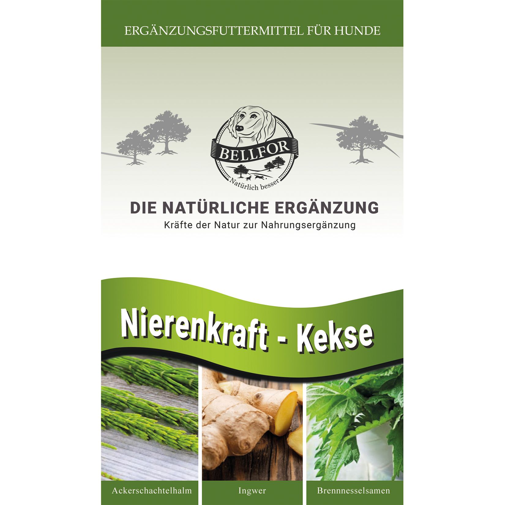 Verpackung mit Bellfor Logo. Text: Nierenkraft - Kekse. Abbildungen von Kräutern.