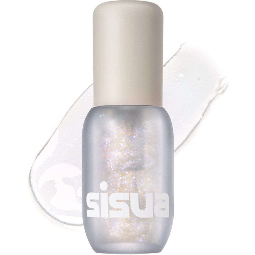 Lippenprodukt in einer kleinen Flasche mit weißem Deckel. Glitzernde Textur. Marke: sisu.