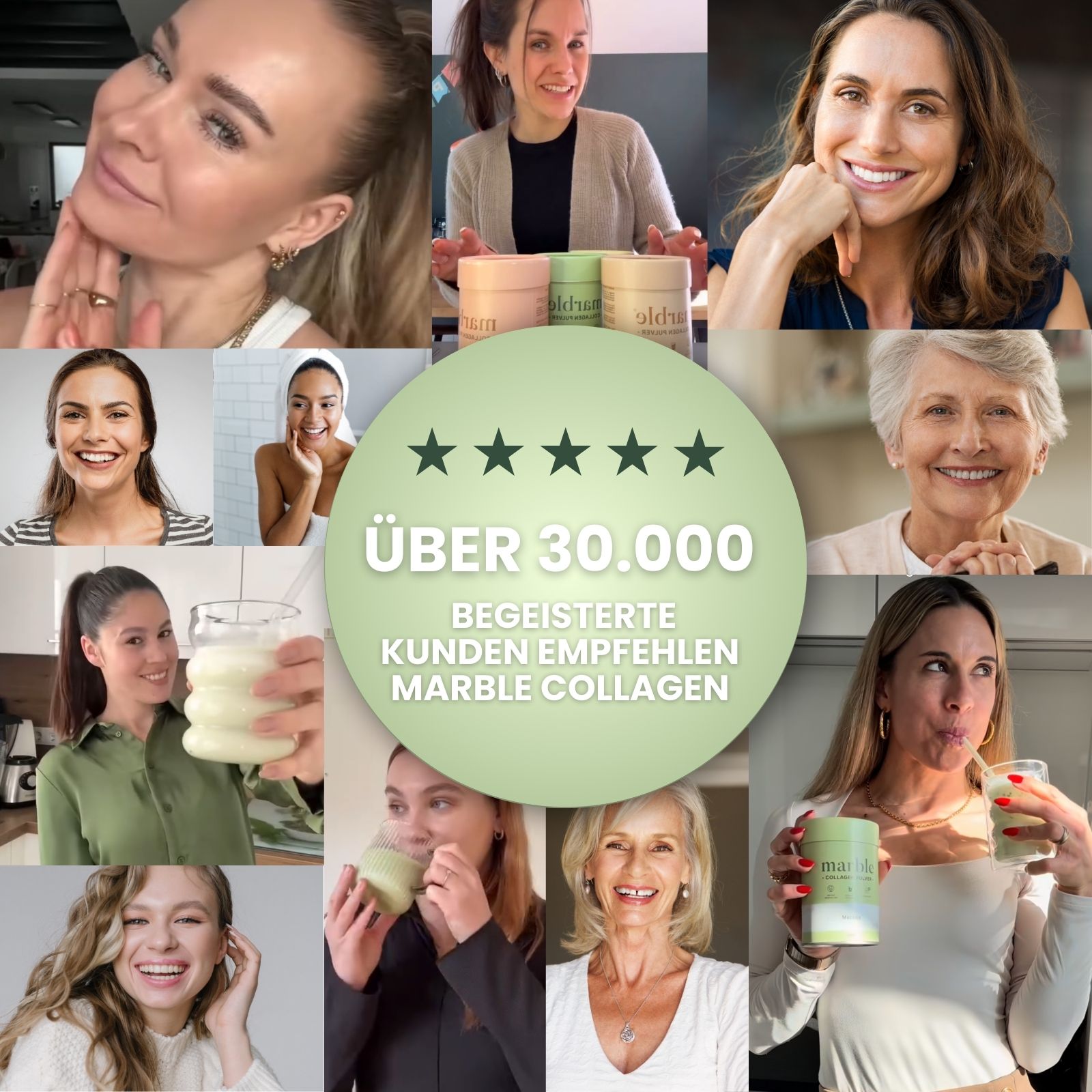 Collagen-Getränke von verschiedenen Personen. Text: Über 30.000 begeisterte Kunden empfehlen marble Collagen. Sterne-Bewertung.