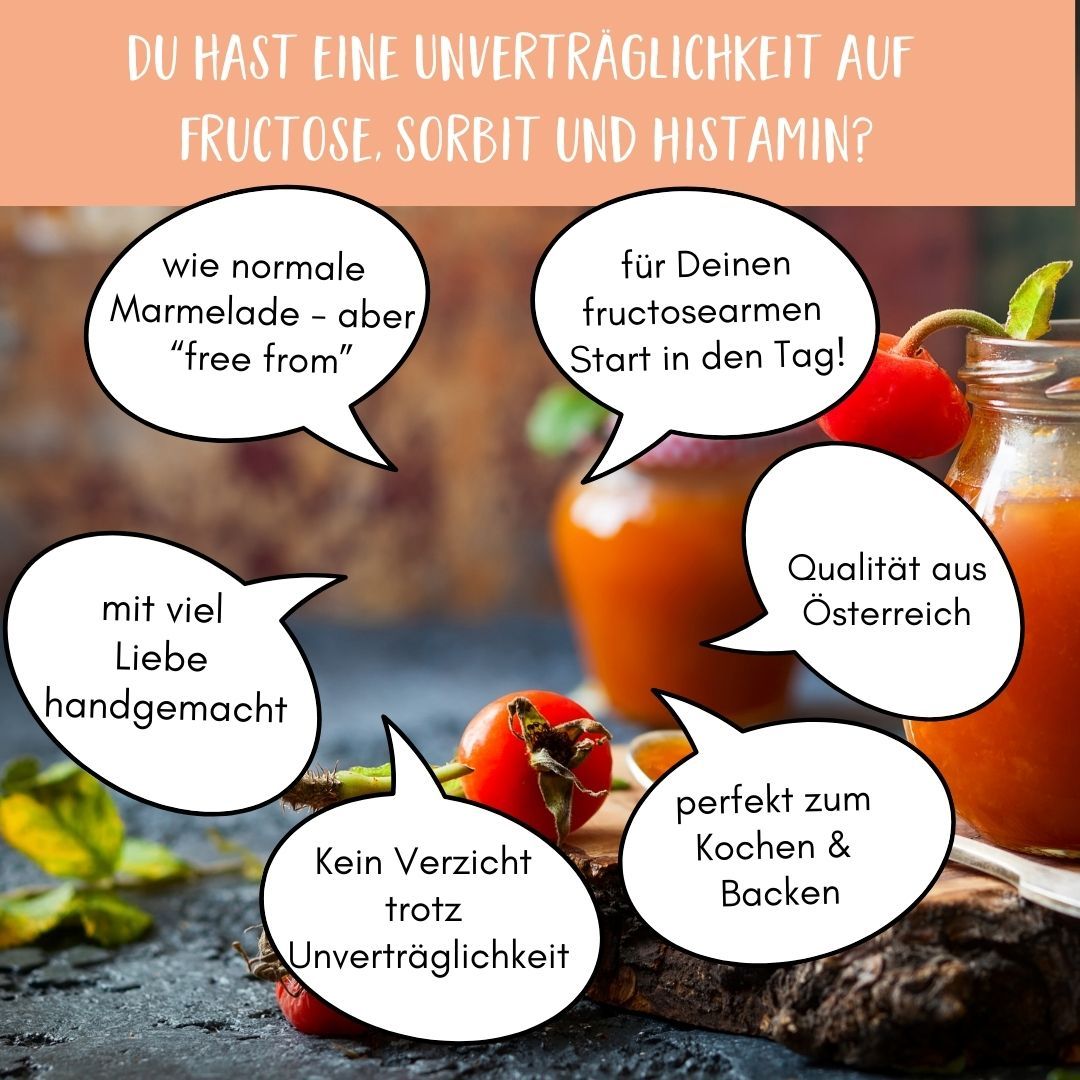 Textblasen mit Aussagen über FRUNIX® Hagebutten-Fruchtaufstrich. Aussagen über Verträglichkeit, Verwendung und Herkunft. Hintergrund mit Produkt und Hagebutten.