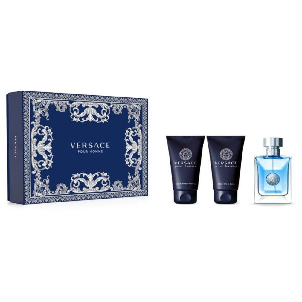 Geschenkset mit blauer Box, zwei Tuben und einem Flakon. Auf der Box steht "Versace Pour Homme".