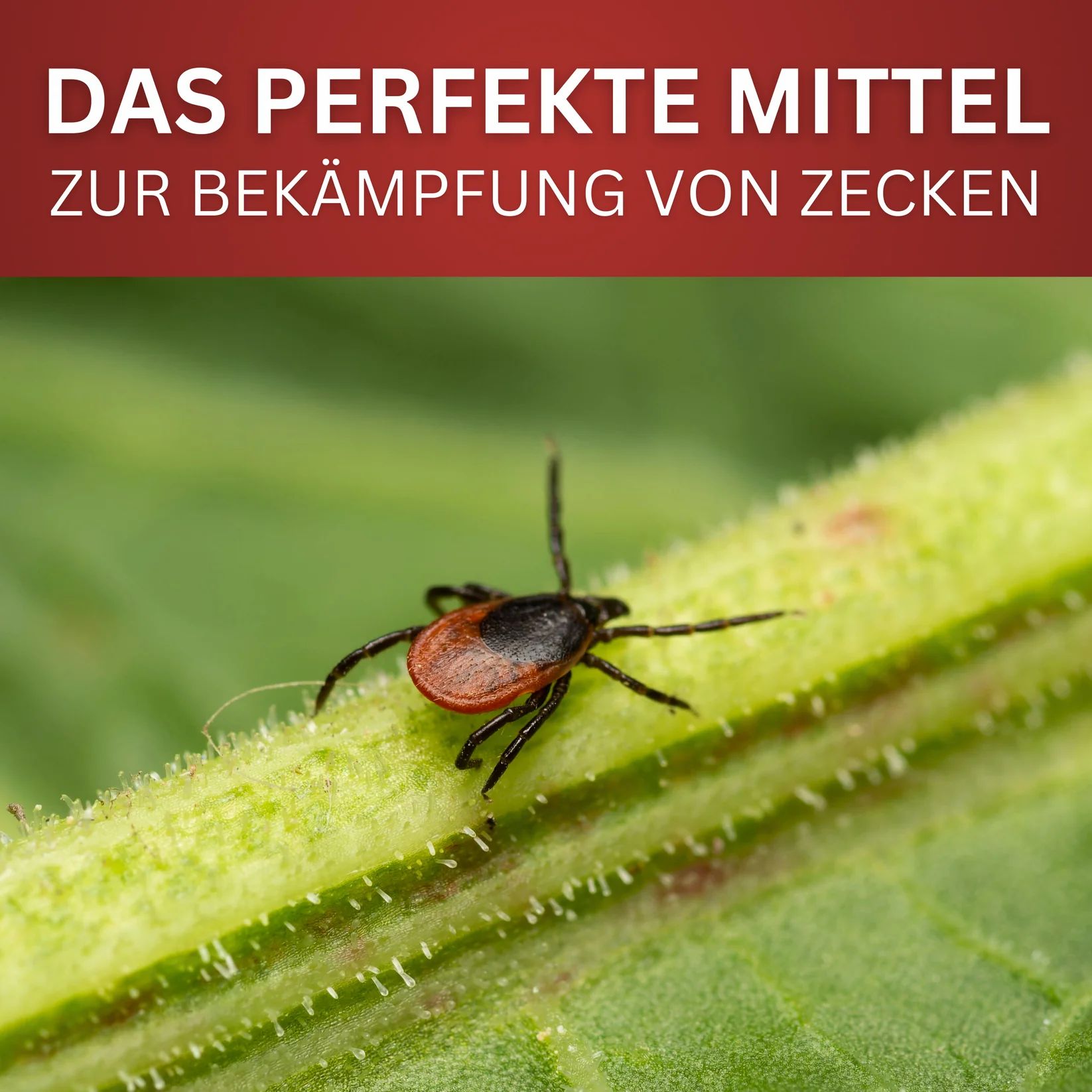 Nahaufnahme einer Zecke auf einem grünen Blatt. Text: "DAS PERFEKTE MITTEL ZUR BEKÄMPFUNG VON ZECKEN".