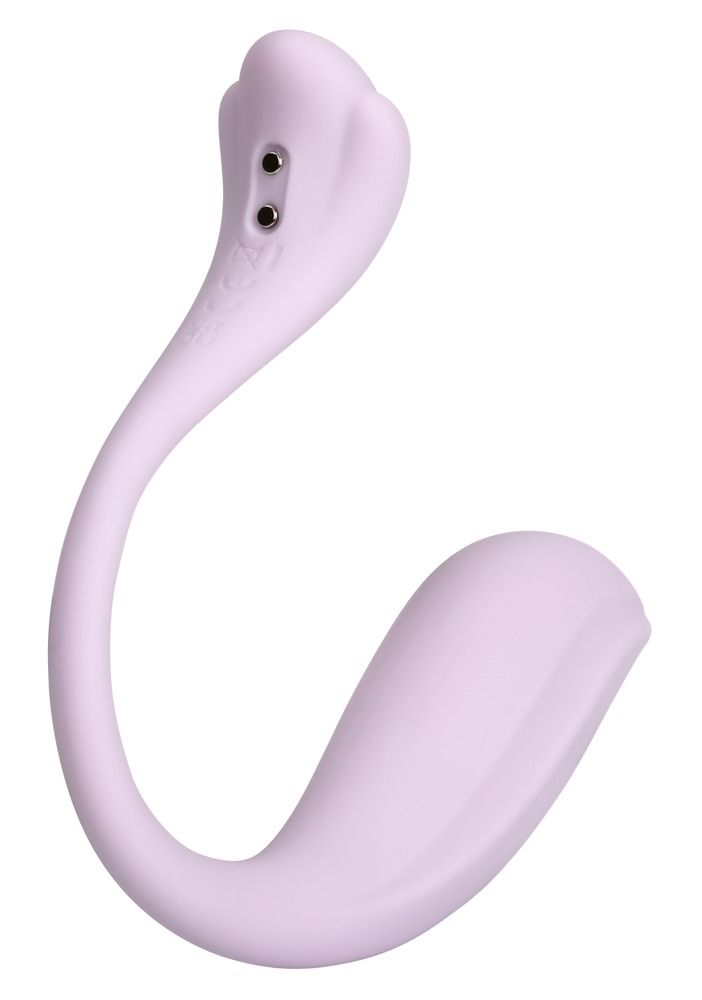 Lila Vibrator mit geschwungener Form. Zwei Knöpfe an der Spitze. Glatte Oberfläche, ergonomisches Design.