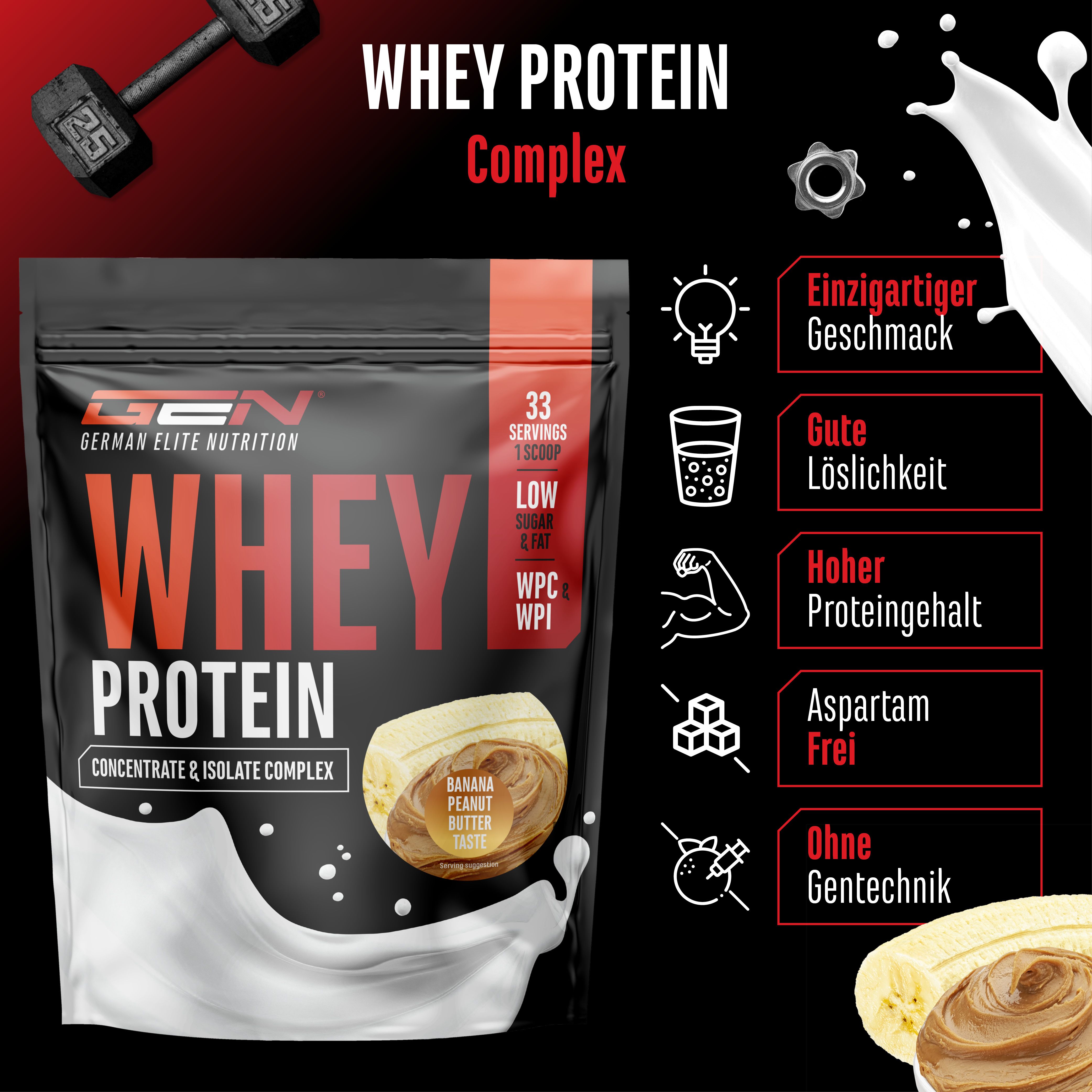 Schwarze Verpackung mit Whey Protein Complex. Enthält 33 Portionen, Low Sugar & Fat, WPC & WPI. Geschmack: Banane-Erdnussbutter.