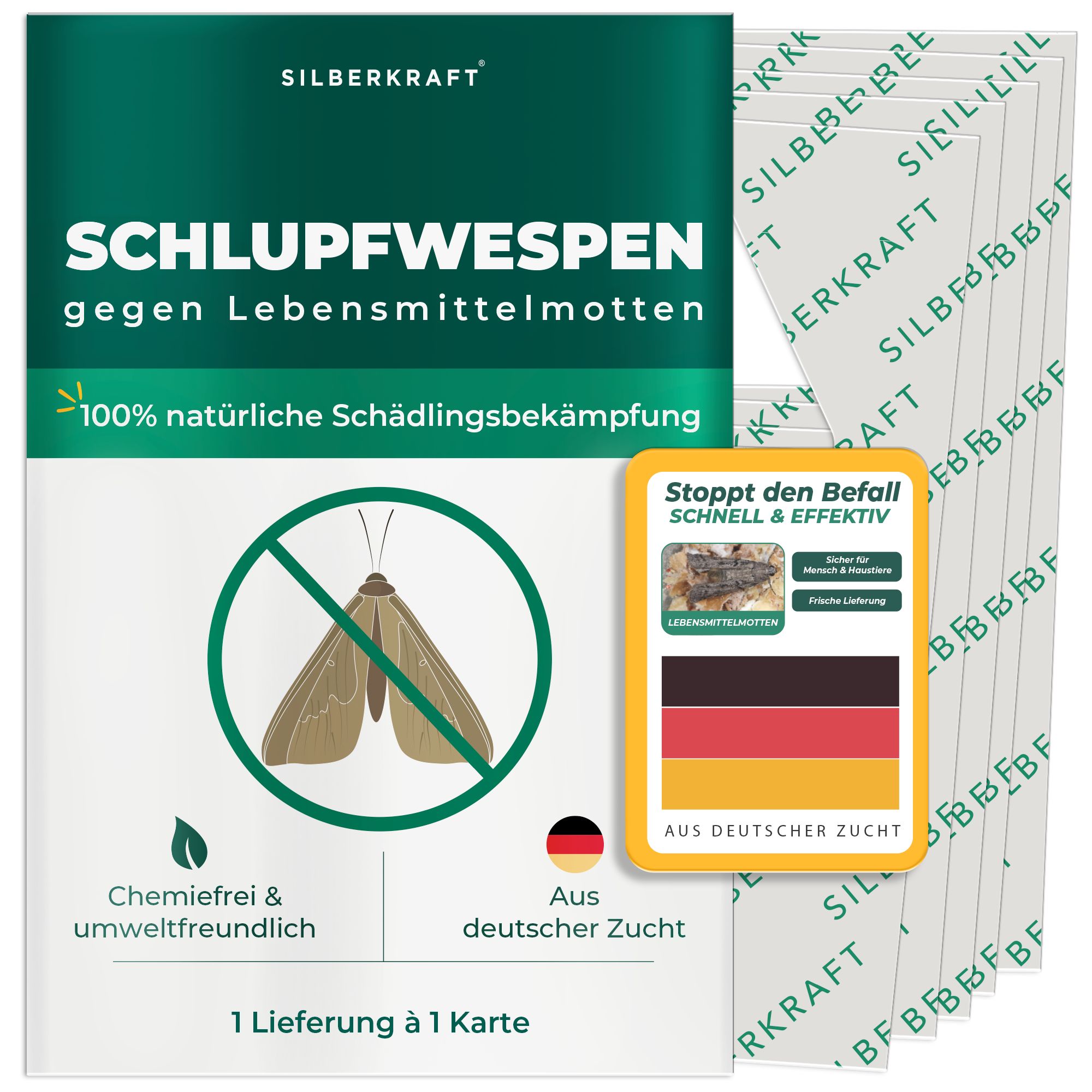 Verpackung mit Schlupfwespen-Karten gegen Lebensmittelmotten, 100% natürliche Schädlingsbekämpfung, chemiefrei.