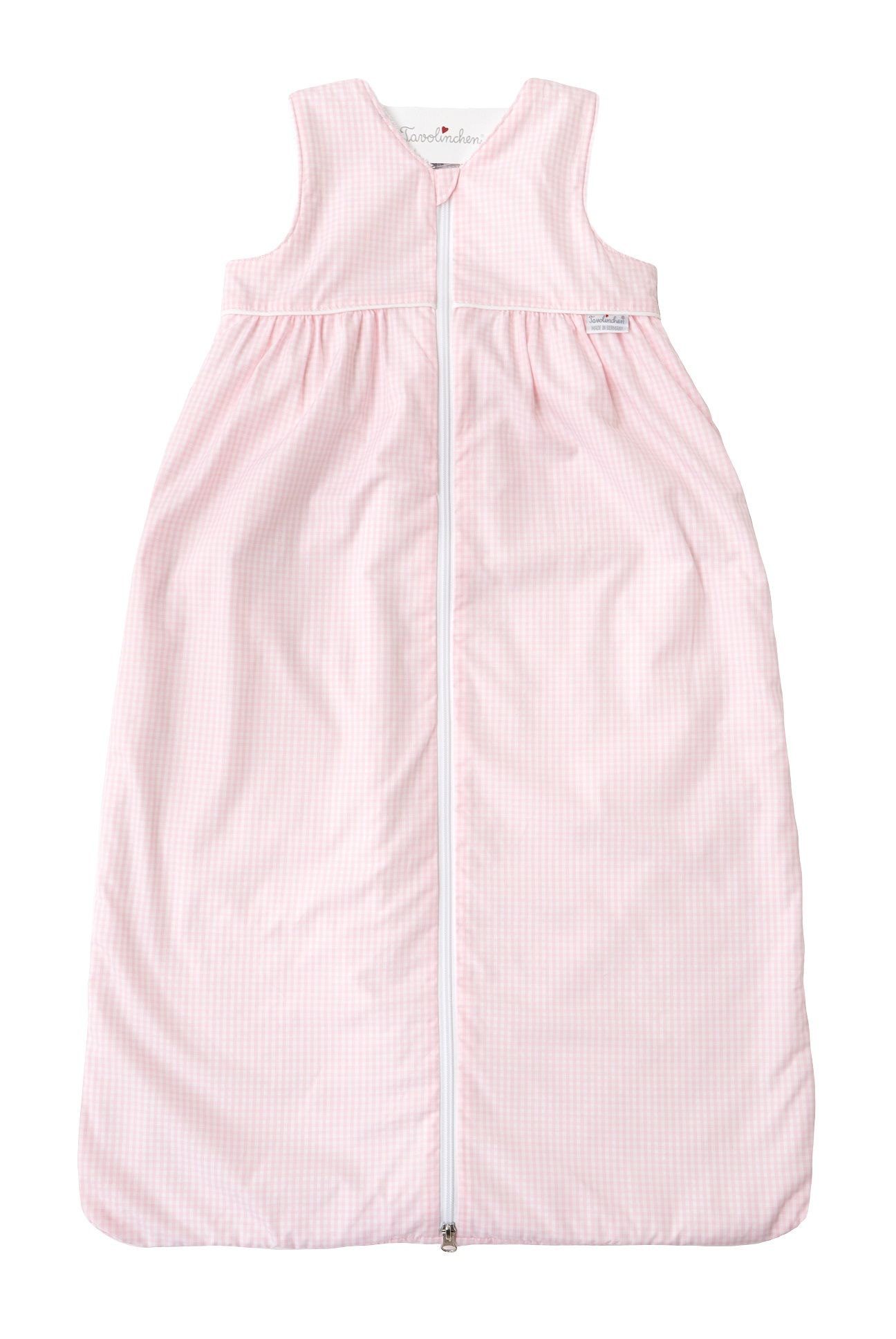 Rosa Schlafsack mit weißem Reißverschluss. Gingham-Muster. Ohne Ärmel. Marke am oberen Rand.