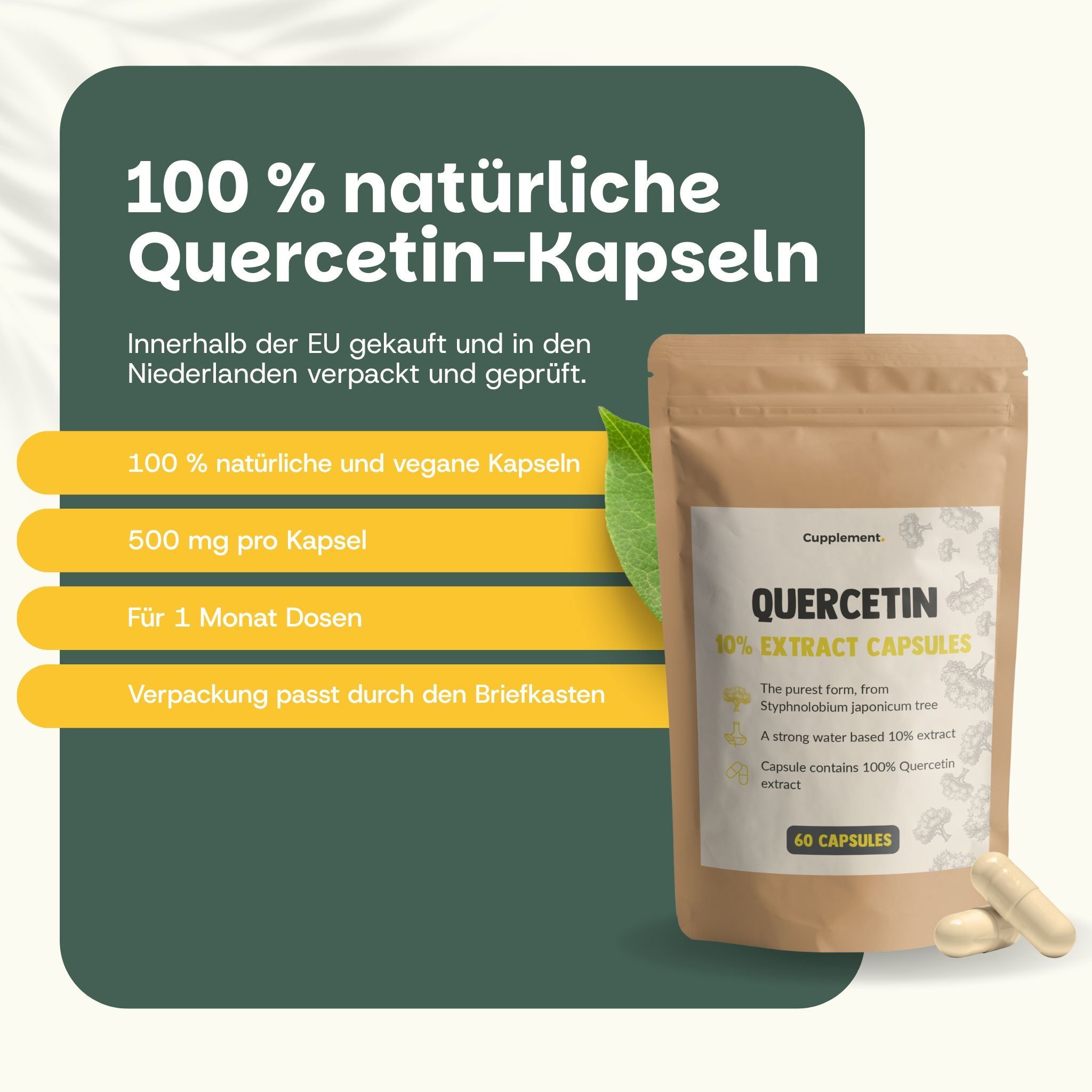 Beutel mit Kapseln. Text: Quercetin 10% Extrakt Capsules. 60 Kapseln. Kundenbewertungen.