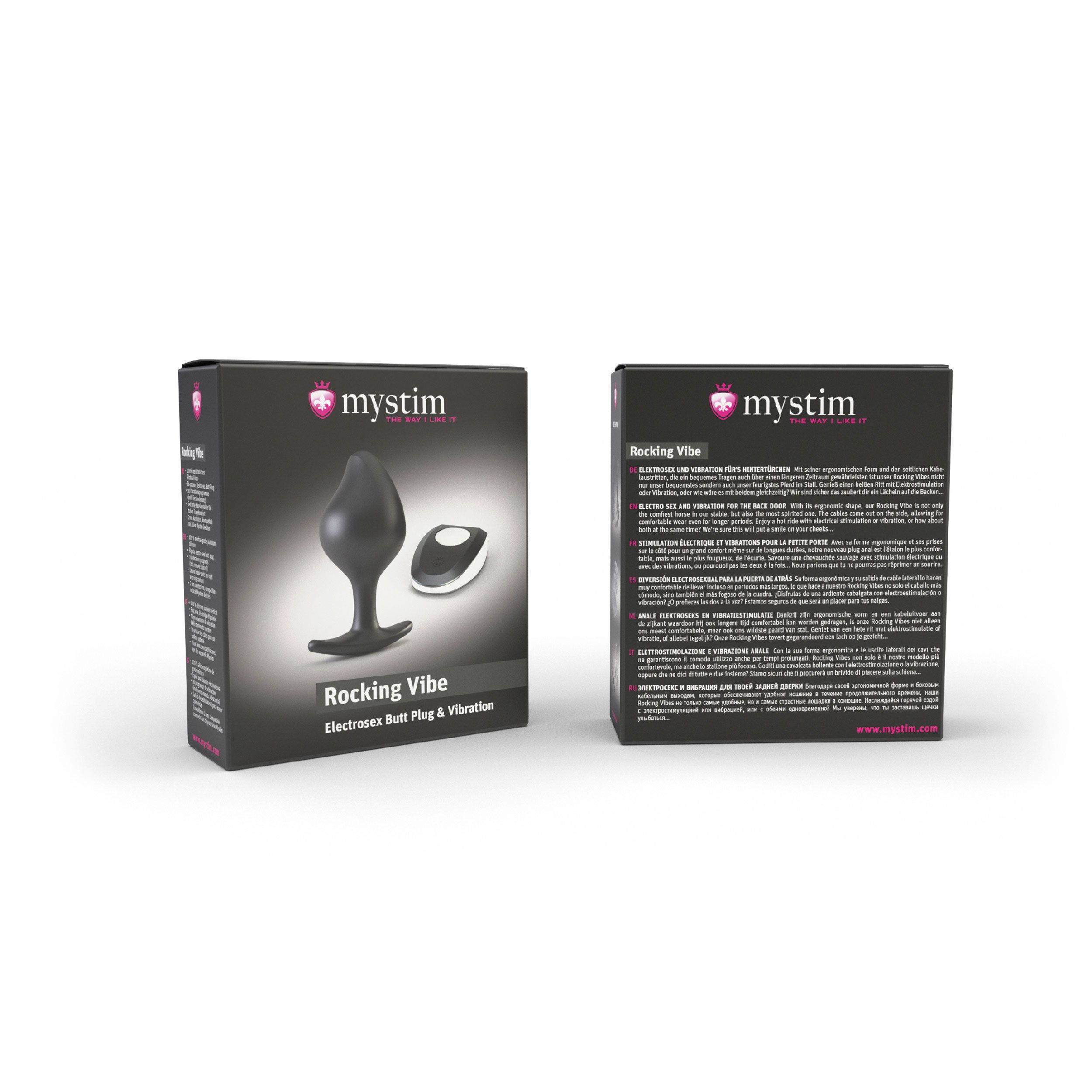 Produktverpackung mit Plug und Fernbedienung. Aufschrift: Mystim Rocking Vibe. Schwarze Schachtel mit Produktabbildung.