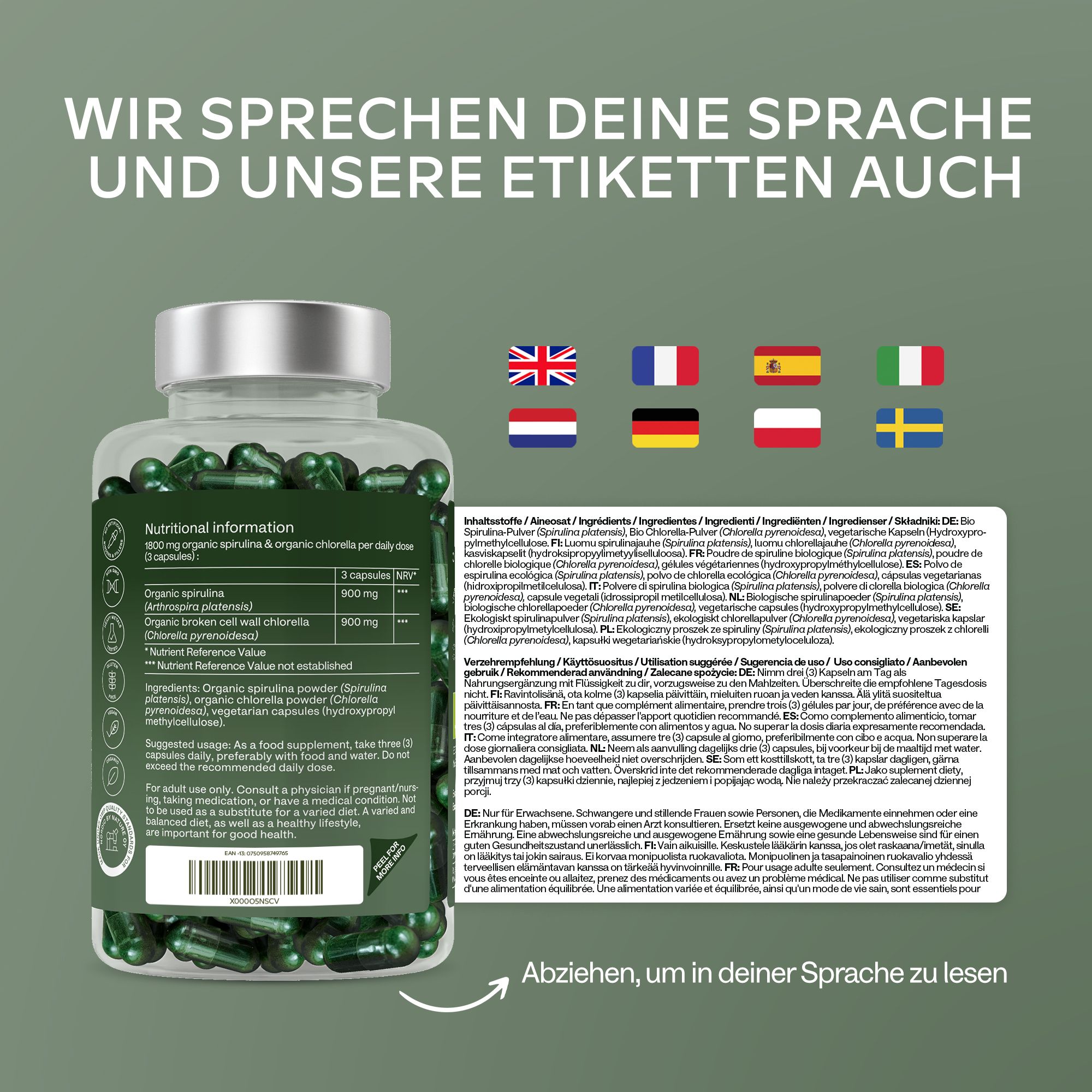 Flasche mit grünen Kapseln. Text: Nährwertangaben, Inhaltsstoffe. Etiketten in verschiedenen Sprachen.