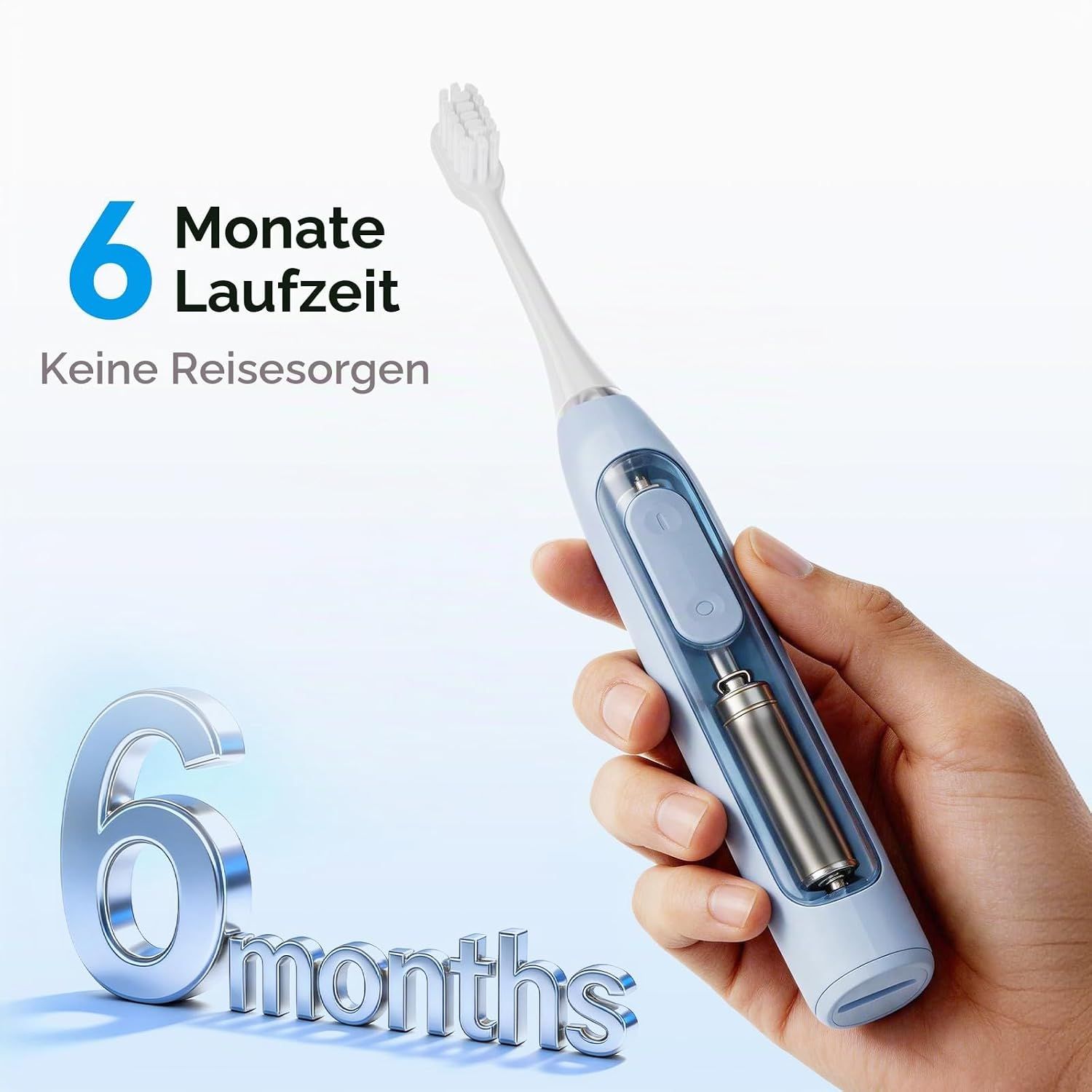 Elektrische Zahnbürste mit sichtbarem Akku und Aufsatz.