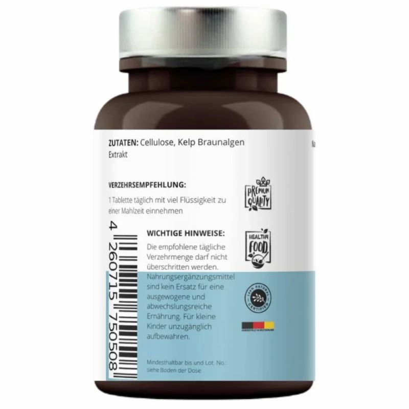 Rückseite einer braunen Flasche mit silbernem Deckel. Zutatenliste, Verzehrempfehlung, wichtige Hinweise. Logo: Premium Quality, Healthy Food.