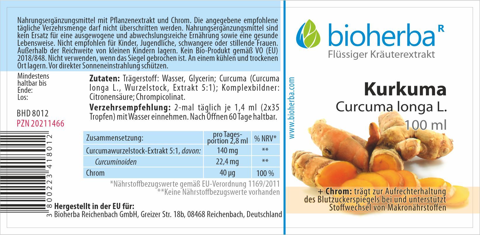 Etikett mit Produktinformationen. Enthält Kurkuma Curcuma longa L. Tinktur, 50 ml. PZN 17187876. Bioherba Logo.