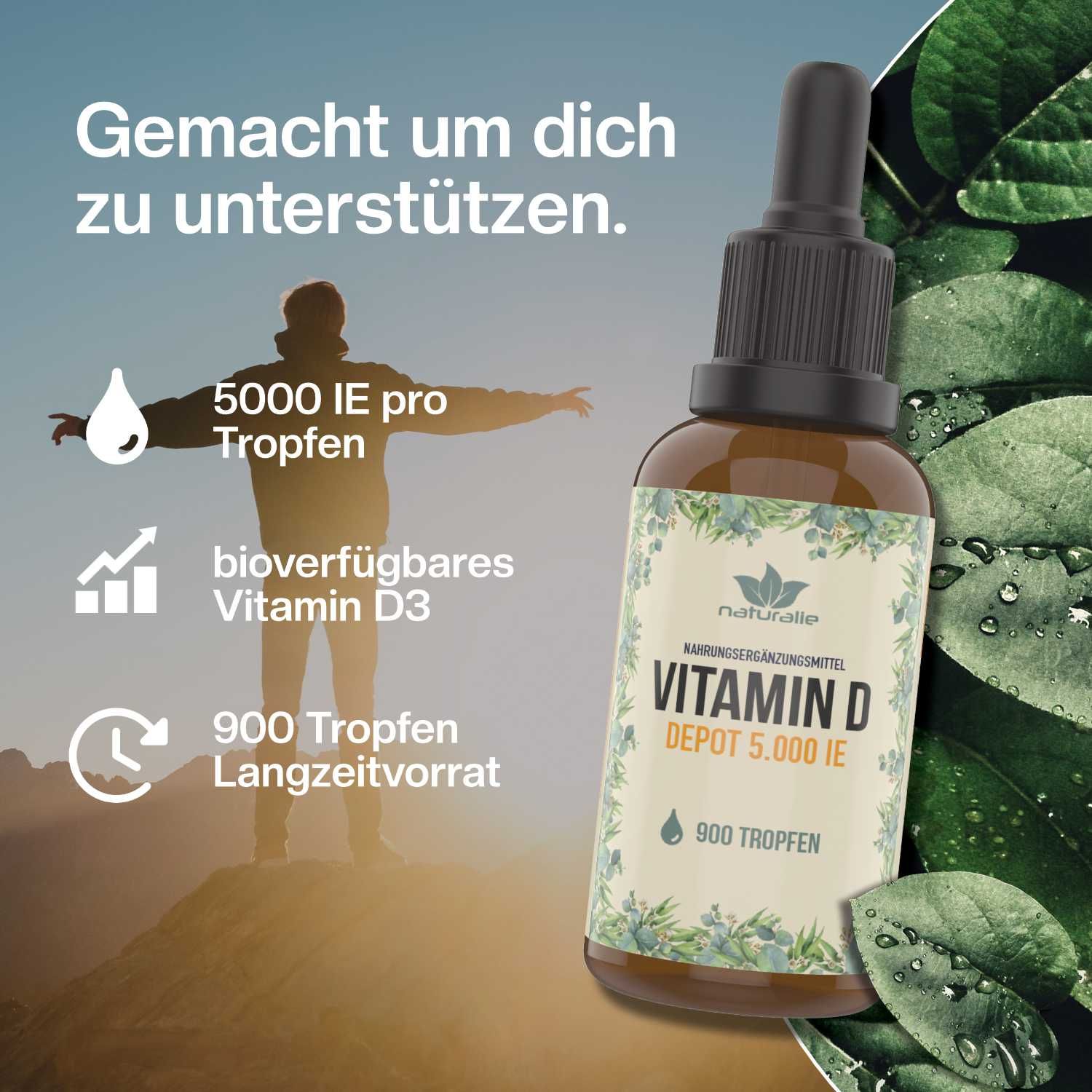 Etikett einer Vitamin D Flasche mit Zutatenliste und Dosierungsinformationen.
