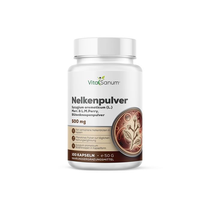 Weiße Kapsel-Dose mit Etikett. Aufschrift: Nelkenpulver, 500 mg, 100 Kapseln. VitaSanum Logo.