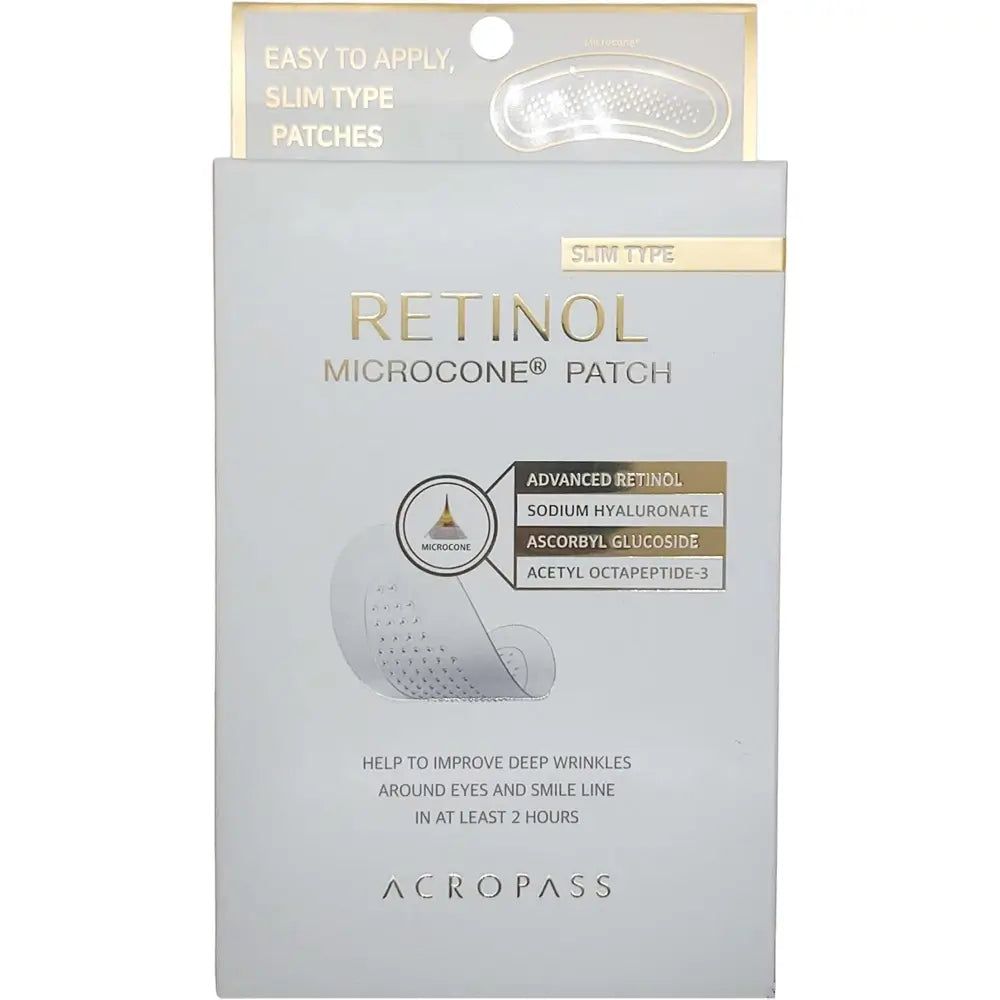 Verpackung von Retinol Mikrokegel-Pflastern. Text: RETINOL MICROCONE PATCH, ADVANCED RETINOL, SLIM TYPE, ACROPASS.