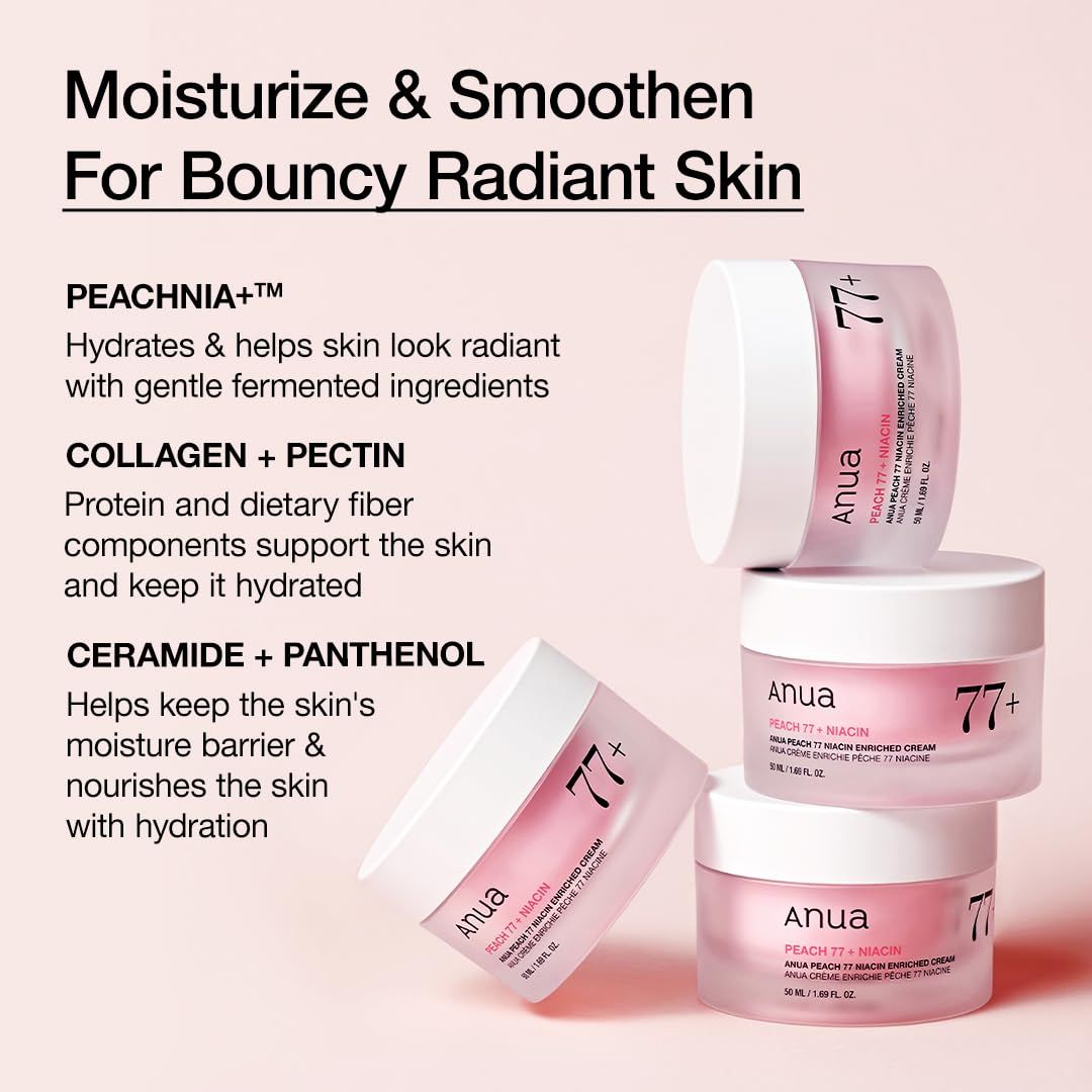 Drei ANUA Peach 77+ Cremes gestapelt. Rosa Tiegel mit weißem Deckel. Text über Inhaltsstoffe.