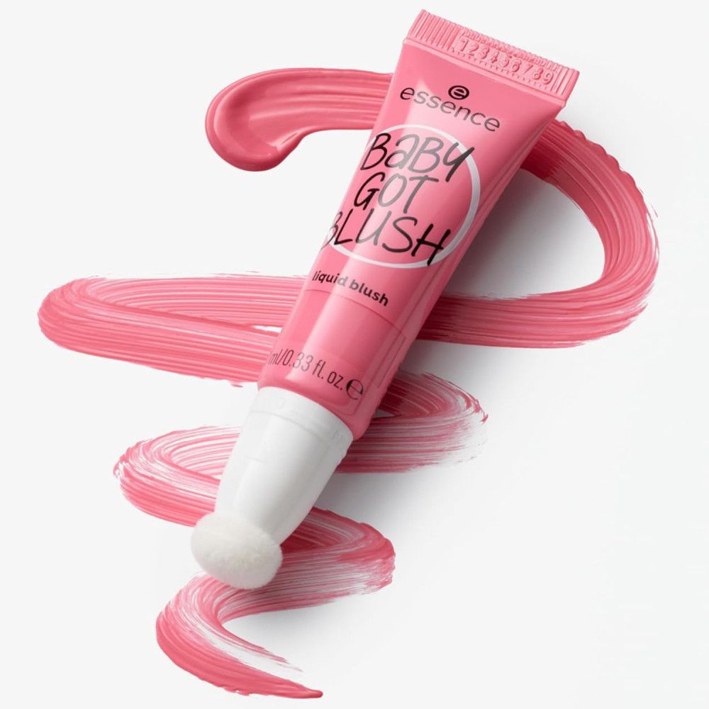 Rosa Tube mit Applikator und rosa Farbstrich. Aufschrift: Essence Baby Got Blush, liquid blush. 10 ml/0.33 fl. oz. E.