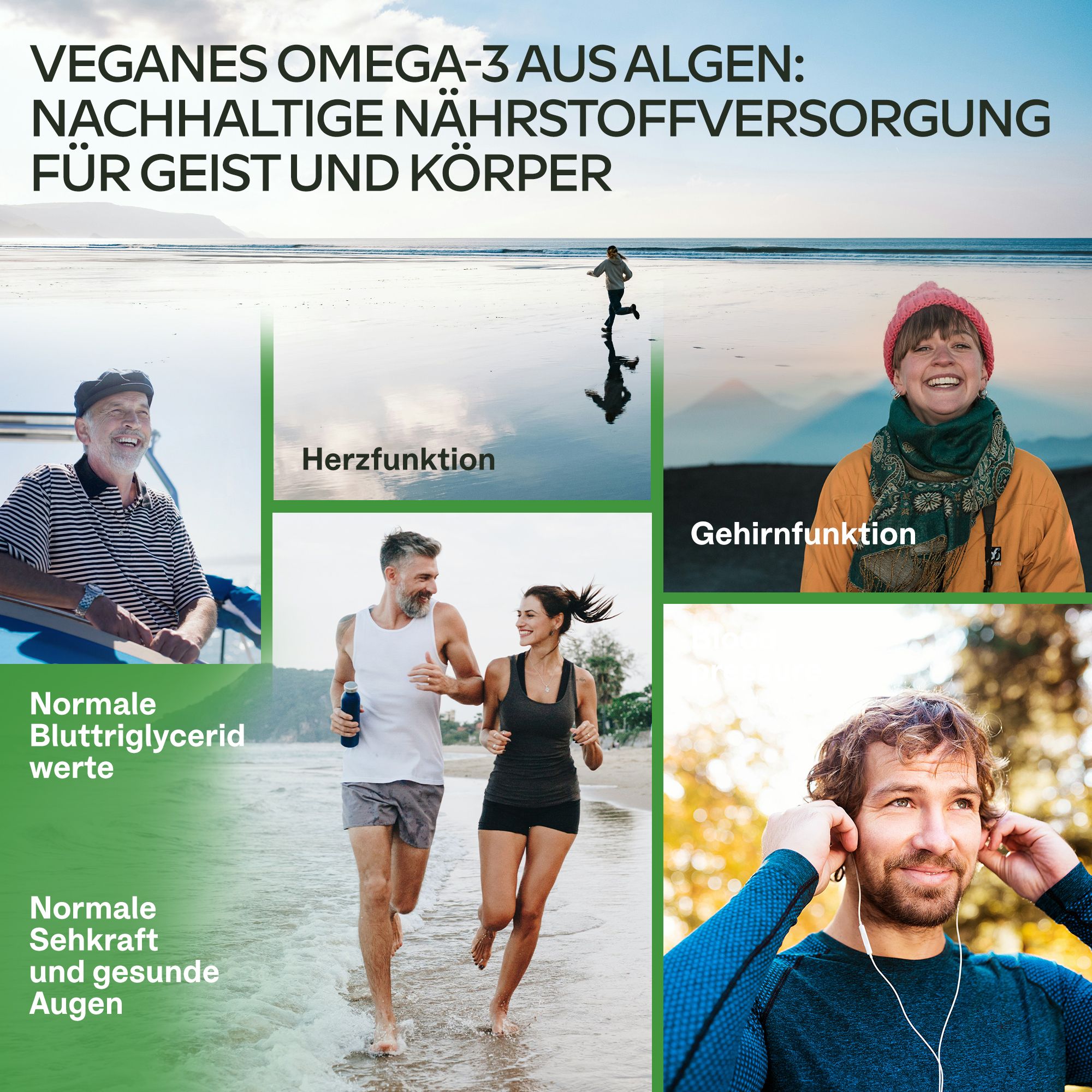 Menschen in Bewegung, verbunden mit Omega-3-Vorteilen. Enthält Informationen über Herz, Gehirn und Augen.