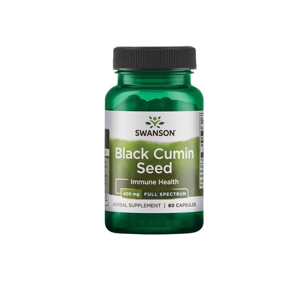 Grüne Flasche mit schwarzen Kapseln. Aufschrift: SWANSON, Black Cumin Seed, Immune Health, 400 mg Full Spectrum, Herbal Supplement, 60 Capsules.