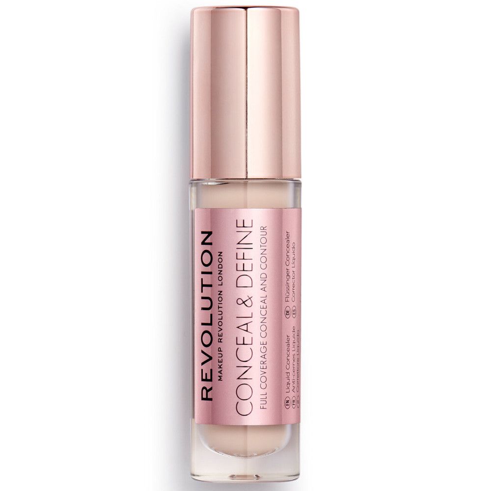 Concealer-Fläschchen mit rosa-goldener Kappe. Transparente Flasche mit Produkt und Etikett. Produktname und Text sichtbar.