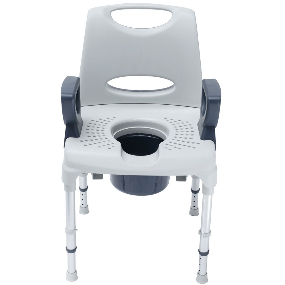 Dusch- und Toilettenstuhl mit grauen Armlehnen und Sitz. Höhenverstellbare Beine. Schwarzer Eimer.