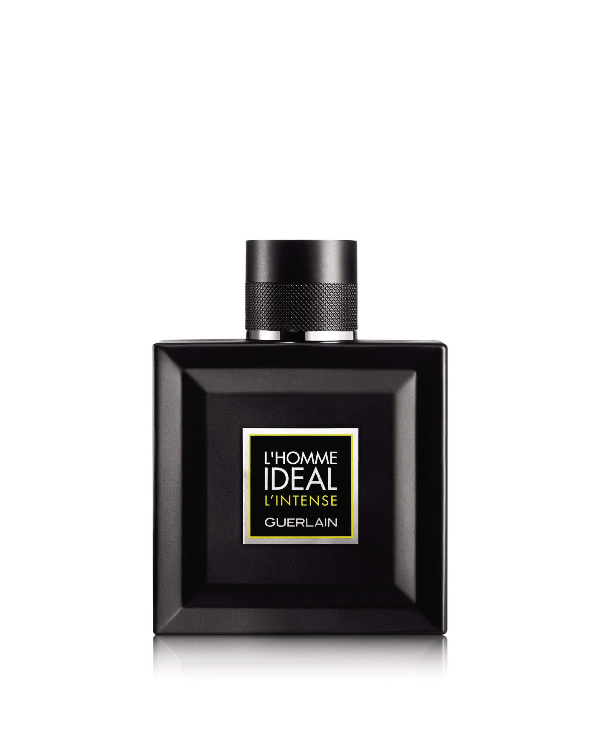 Schwarzer Flakon mit quadratischer Form. Aufschrift: L'Homme Idéal L'Intense, Guerlain. Schwarzer Deckel.
