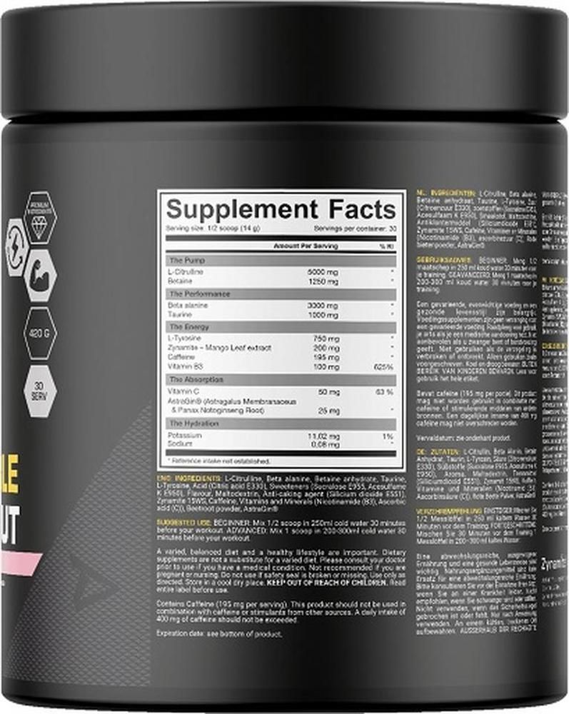 Rückseite der Dose. Nährwertangaben mit Inhaltsstoffen wie L-Citrullin, Beta-Alanin, Taurin, Koffein. Text in mehreren Sprachen.