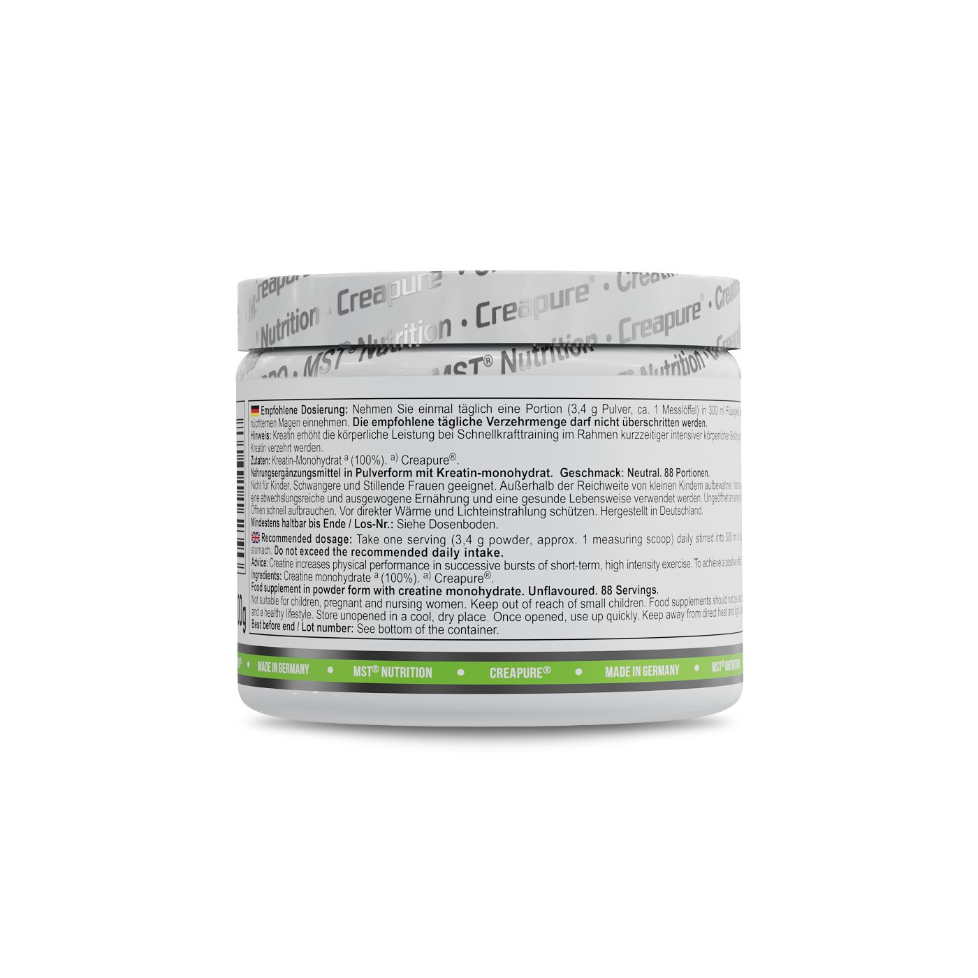 MST Creatine Pro Creapure Dose mit detaillierten Anwendungshinweisen und Nährwertangaben.