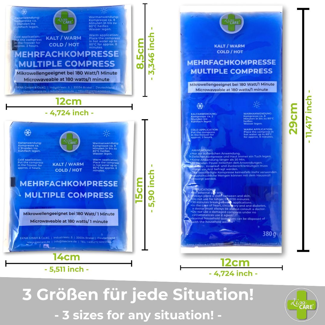 LisaCare Mehrfachkompressen in drei Größen: 8,5x12cm, 15x14cm und 29x12cm. Für jede Situation.