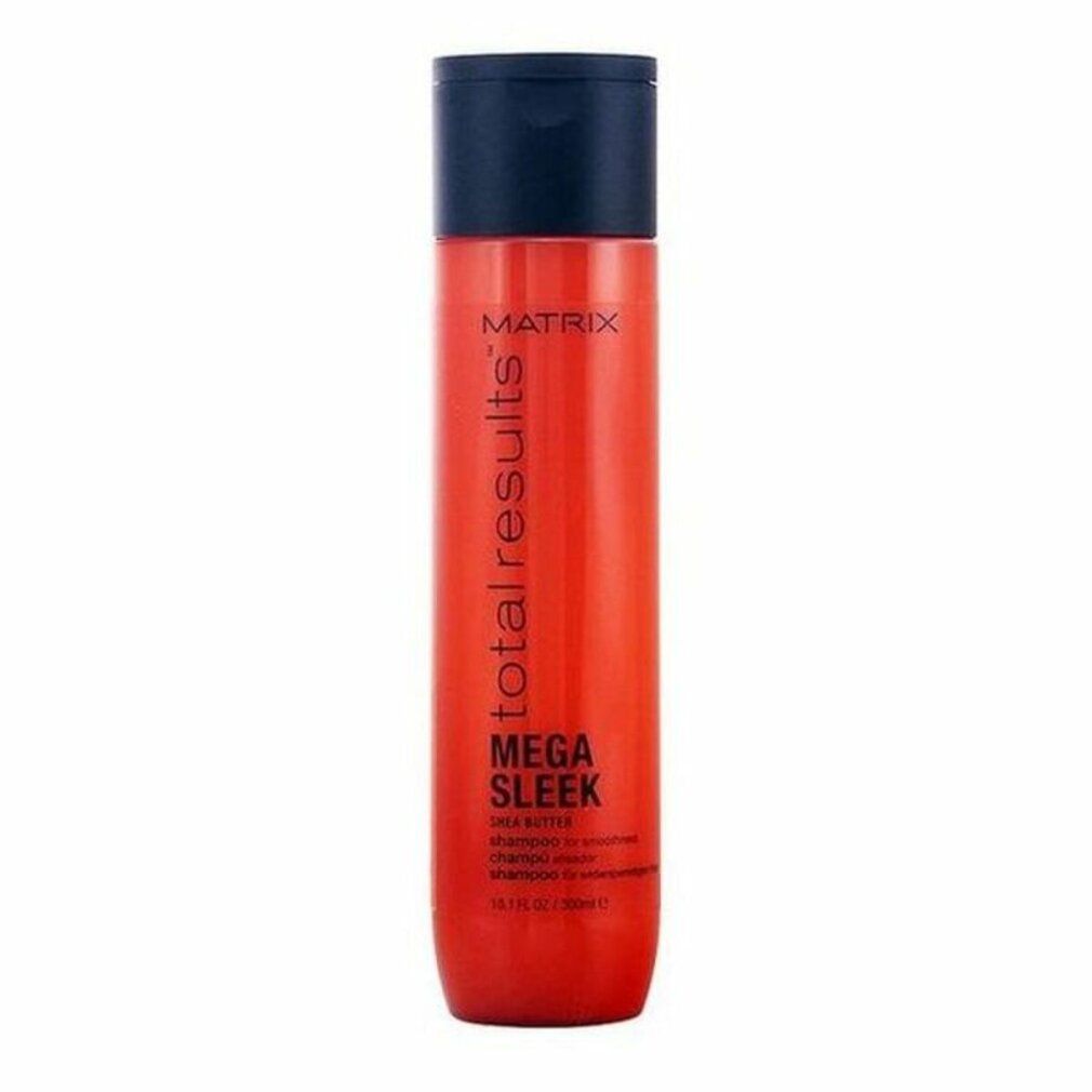 Rote Shampoo-Flasche mit schwarzem Deckel. Aufschrift: Matrix Total Results Mega Sleek. Enthält Sheabutter. 300ml.