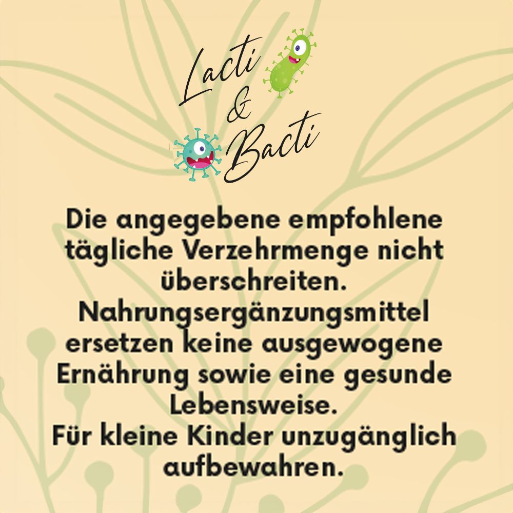 Text mit Warnhinweisen für BONAVAL Lacti & Bacti. Nicht überdosieren. Für Kinder unzugänglich aufbewahren. Nahrungsergänzungsmittel.