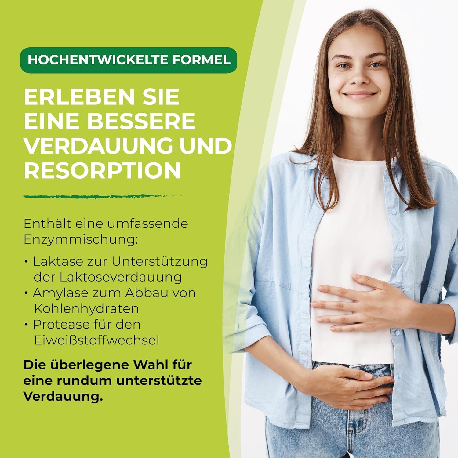 Frau mit Hand auf dem Bauch, die eine bessere Verdauung und Resorption verspricht.