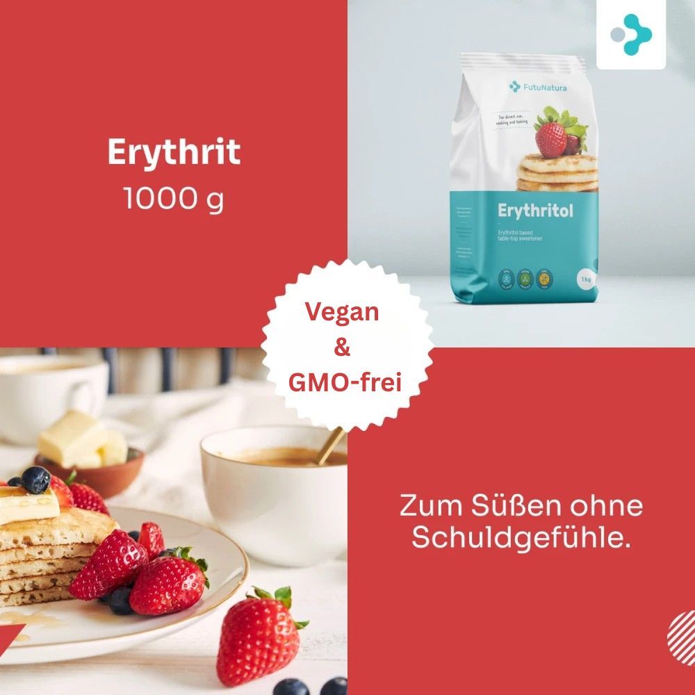 Werbung mit FutuNatura Erythrit. Aufdruck: Erythritol, Erdbeeren, Pfannkuchen. Vegan & GMO-frei. Frühstück.