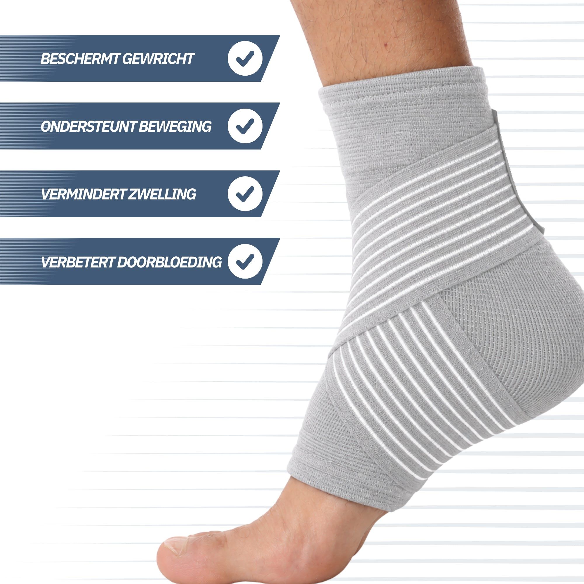 Schwarze Knöchelbandage mit weißen Streifen. Marke: TREBIN.