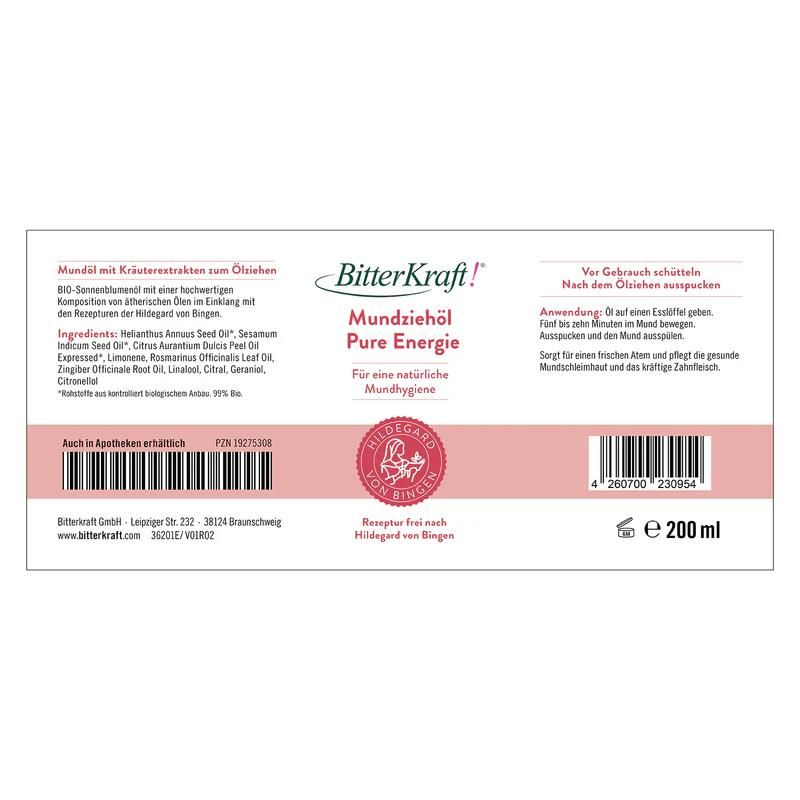 Produktetikett mit Text und Logo. Text: Mundziehöl Pure Energie. Inhaltsstoffe, Anwendungshinweise und Herstellerinformationen.