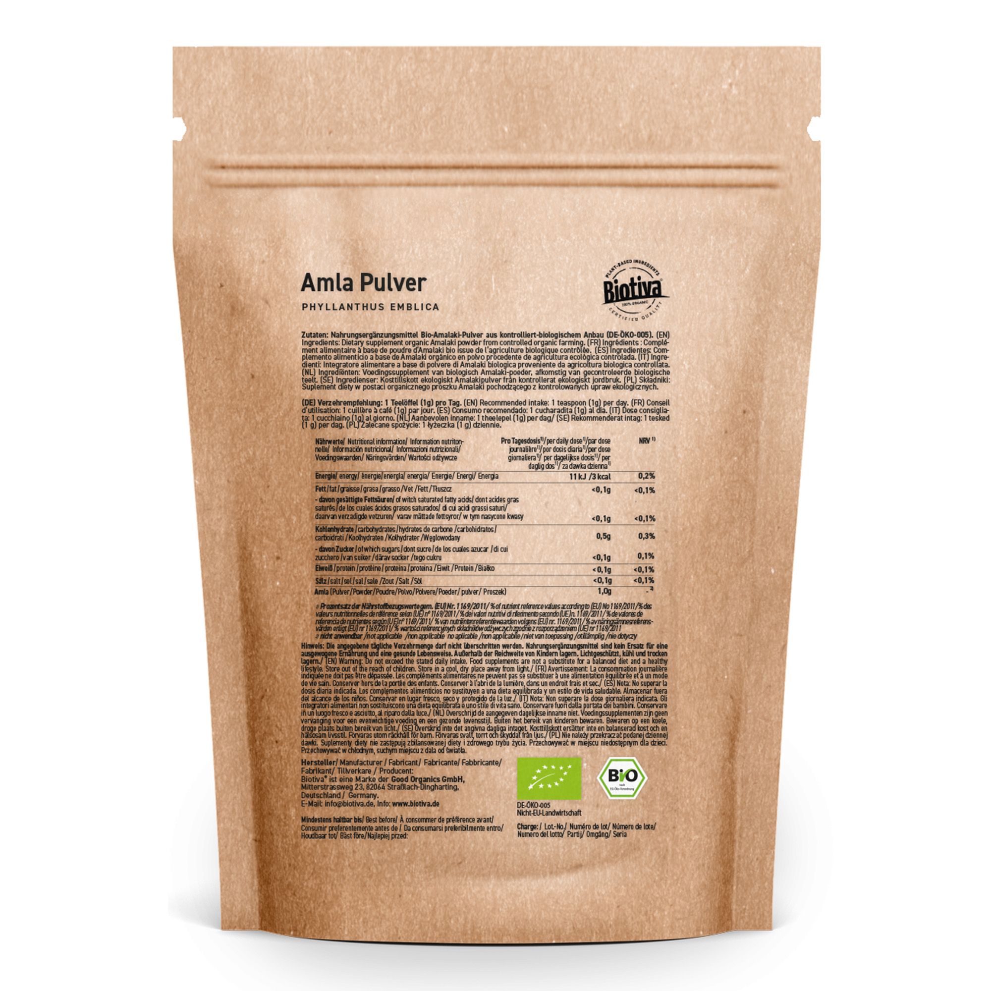 Braune Papierverpackung mit Aufdruck. Text: Amla Pulver, Biotiva, Bio-Siegel. Rückseite mit Text und Nährwertangaben.