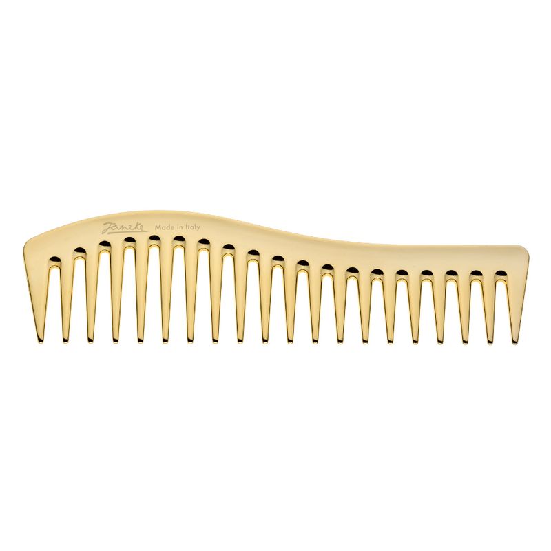 Goldfarbener Kamm mit breiten Zinken. Aufschrift: Janeke, Made in Italy. Wellenförmiger Kammrücken.