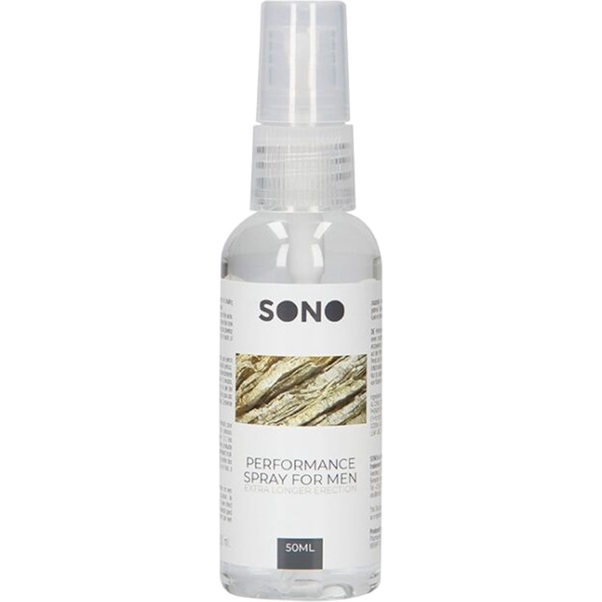 Transparente Sprühflasche mit weißem Etikett. Aufschrift: SONO, PERFORMANCE SPRAY FOR MEN. Unten: 50ml.