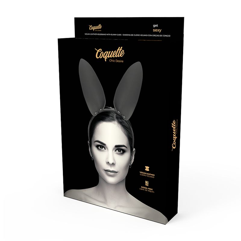 Verpackung für Stirnband mit Hasenohren. Produktname und Model auf der Verpackung. Vegan Leder.