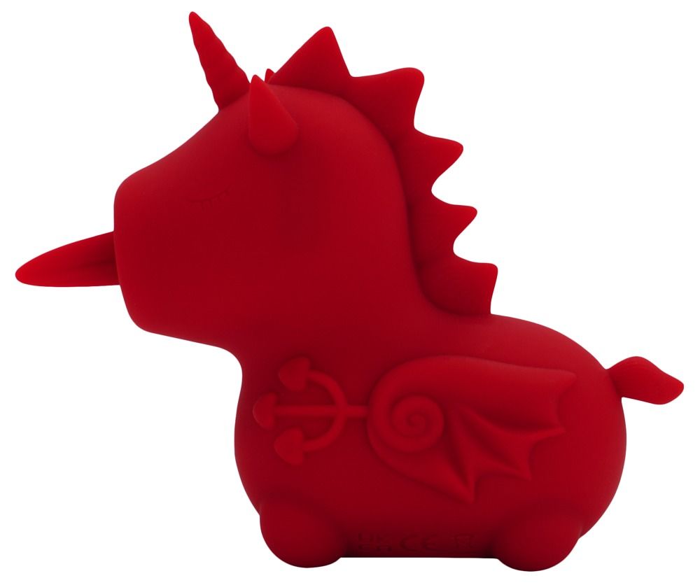 Roter Unihorn Blaze Diablo Vibrator, Seitenansicht, Einhorn-Teufel-Form mit Flügeln.