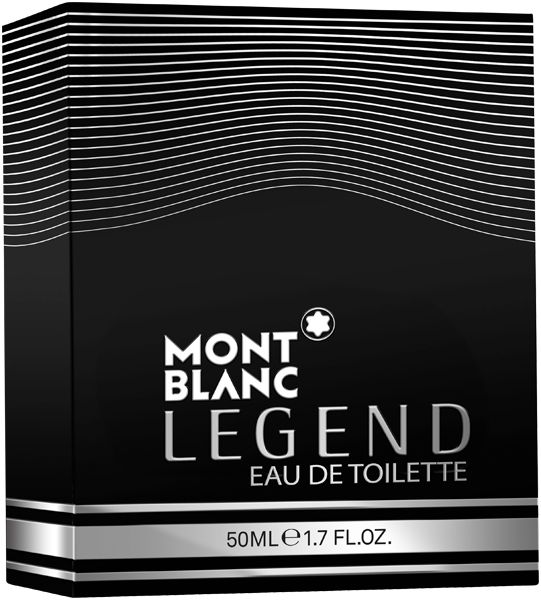 Schwarze Verpackung mit silbernen Streifen. Aufschrift: MONTBLANC, LEGEND, Eau de Toilette. 50ml, 1.7 FL.OZ.