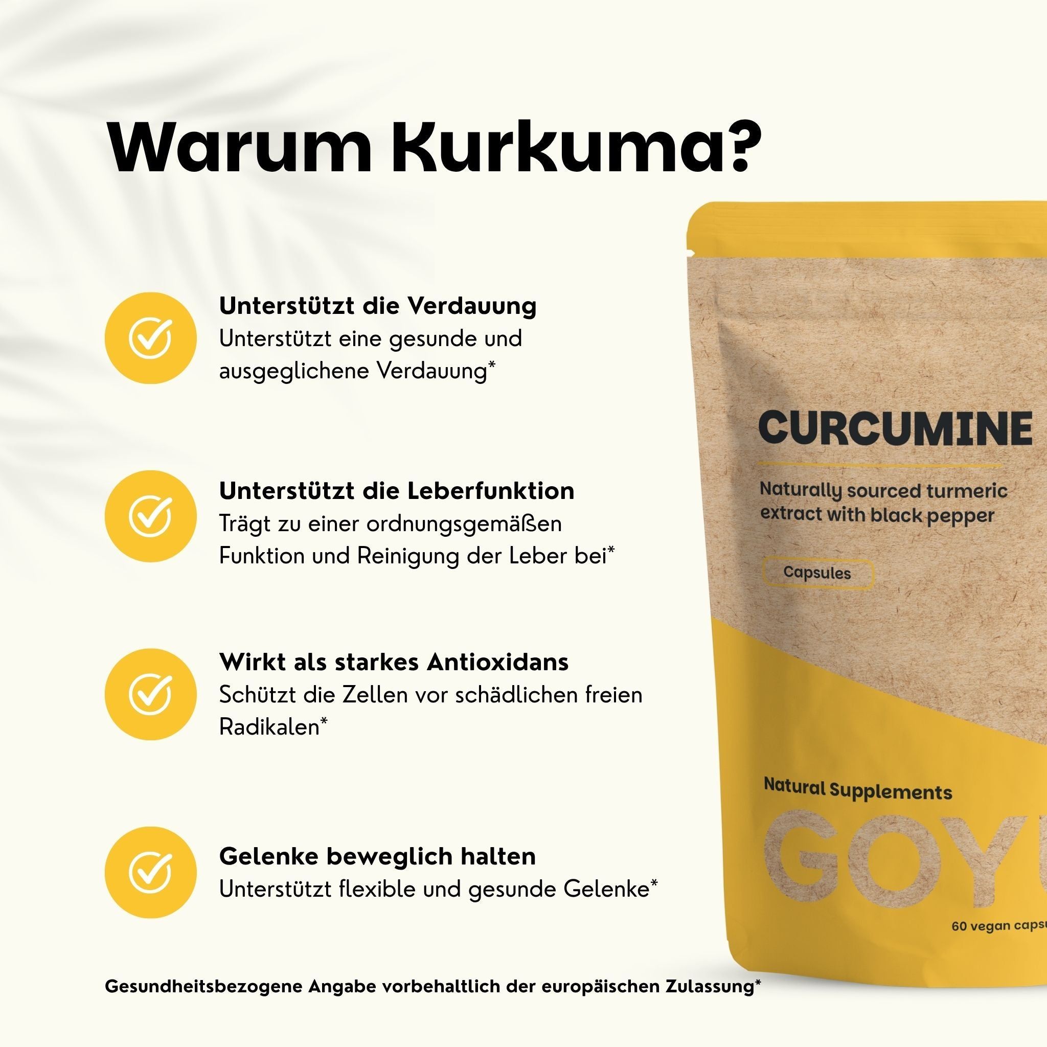 Verpackung mit Curcumine-Kapseln, natürlich gewonnen aus Kurkuma-Extrakt mit schwarzem Pfeffer.