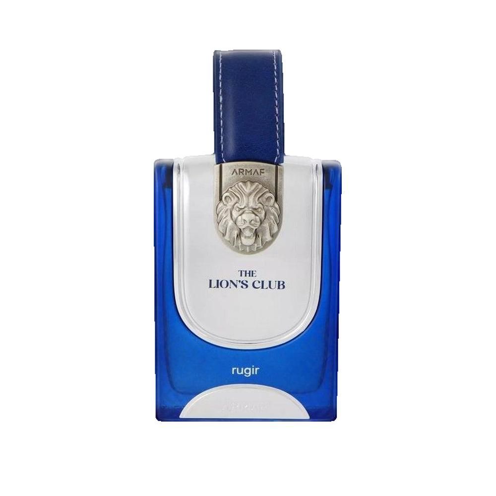 Blau-silberne Flasche mit Ledergriff. Aufschrift: "The Lion's Club", "Armaf Rugir". Löwenkopf-Emblem.