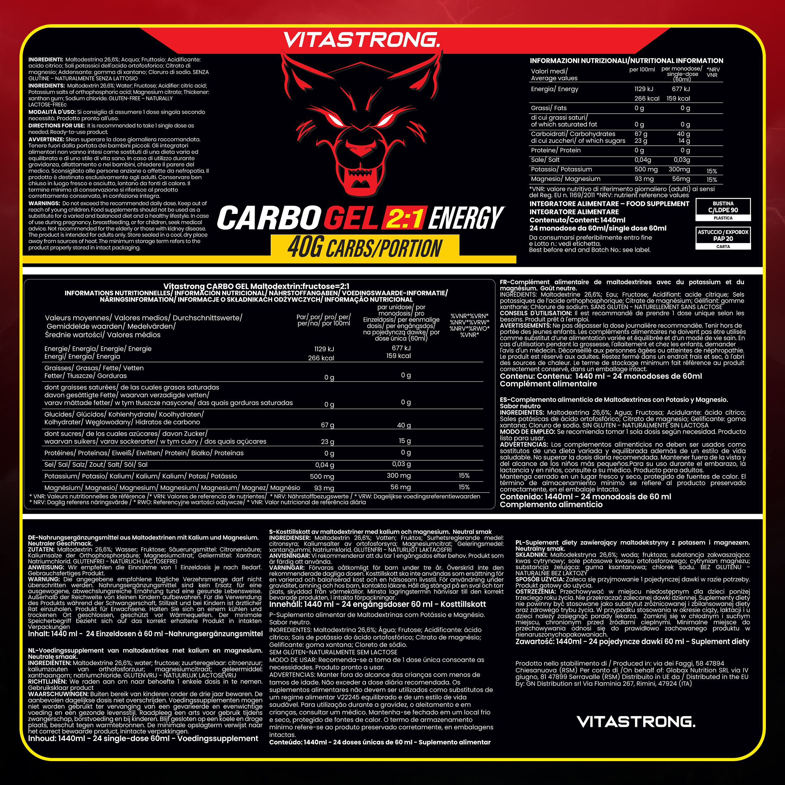 Vitastrong CARBO GEL 2:1. Produktinformationen. Text in Deutsch und anderen Sprachen. Nährwertangaben.